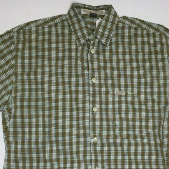 Guess Jeans Mens Short Sleeved Shirt Green Brown Checkered Cotton Size Large - Picture 1 of 10